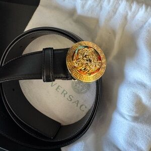 Versace Black Leather Belt with Gold Medusa Buckle